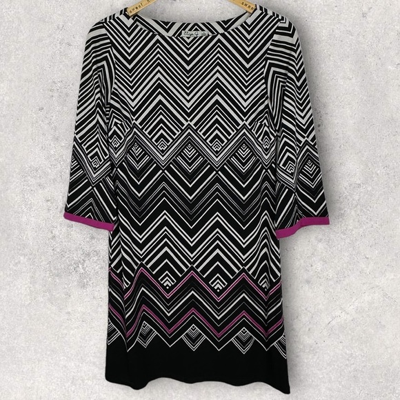 Nordstrom Eliza J Zig Zag Shift Dress Black‎ White Pink Size 4 Stretch EJ4M7405 - Picture 12 of 12